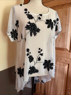 Radzoli White Chiffon Blouse with Black Floral Appliqué